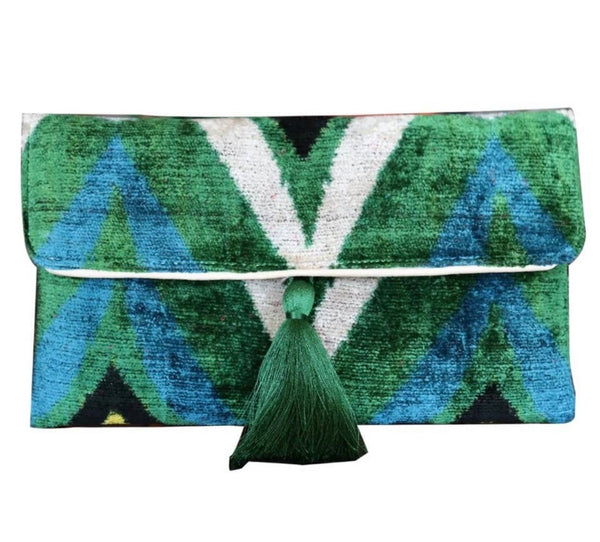 Green Diamond Silk Velvet Ikat Clutch
