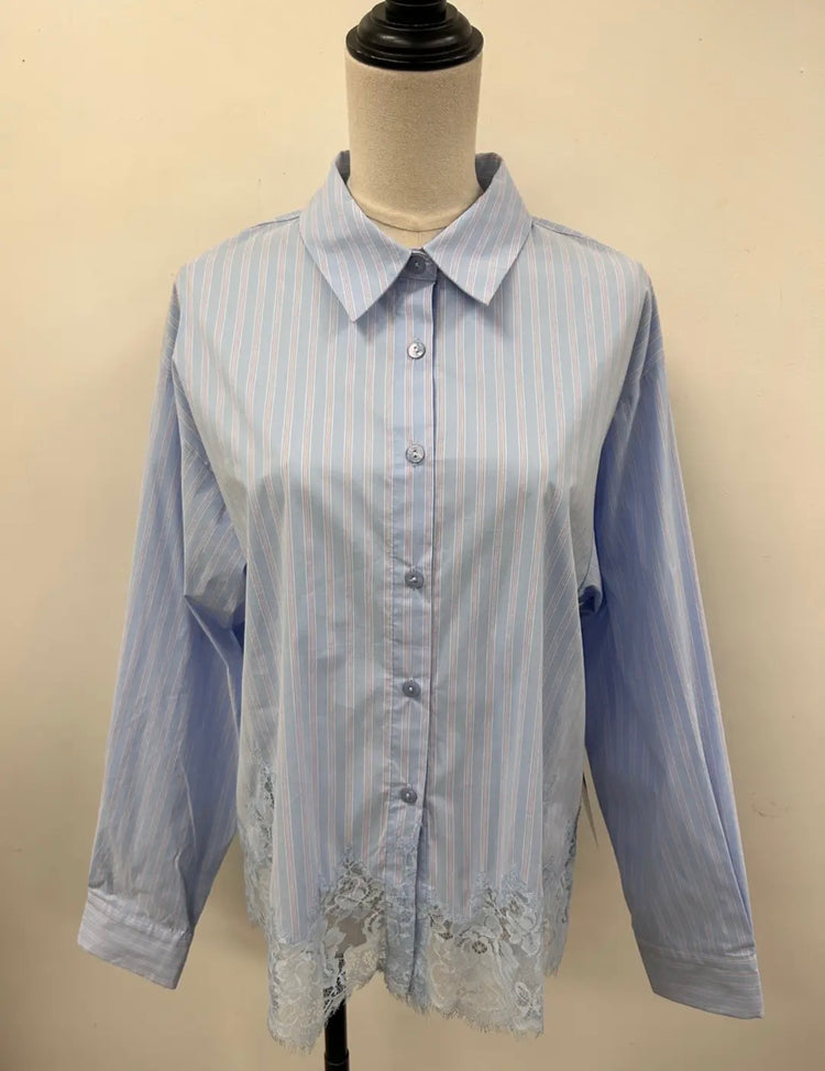 Lace Trim Striped Button-Down Shirt