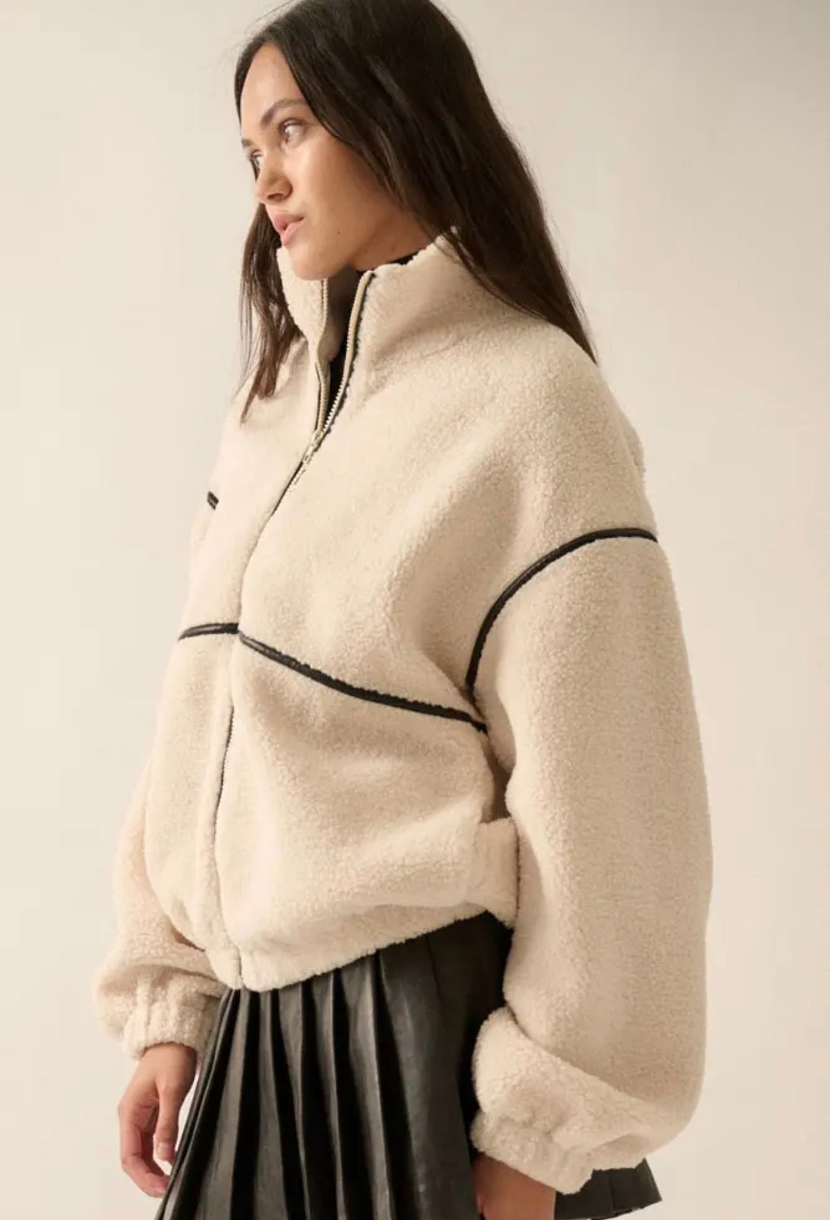 Faux Leather-Trimmed Sherpa Fleece Zip Up