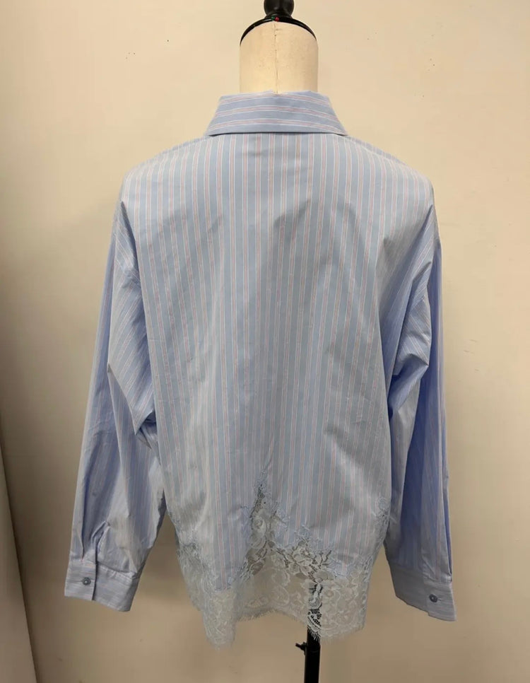 Lace Trim Striped Button-Down Shirt