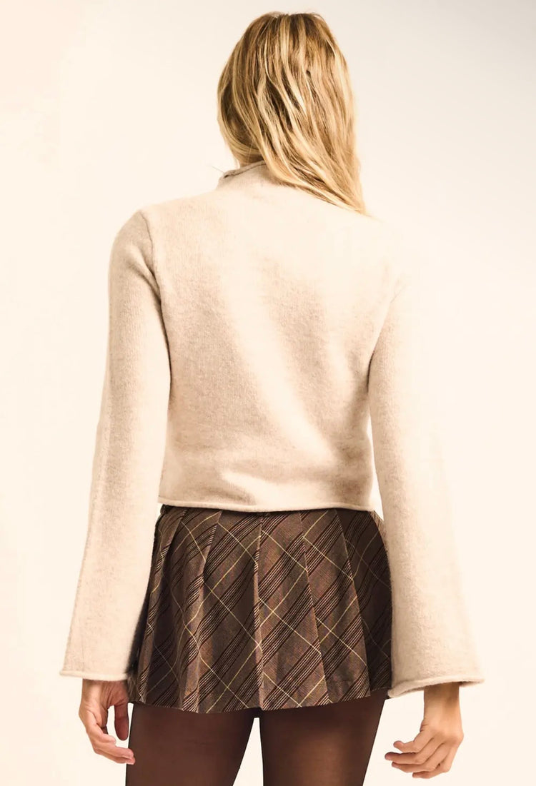 Solid Knit Mock-Neck Bell-Sleeve
Rolled-Edge Crop Sweater