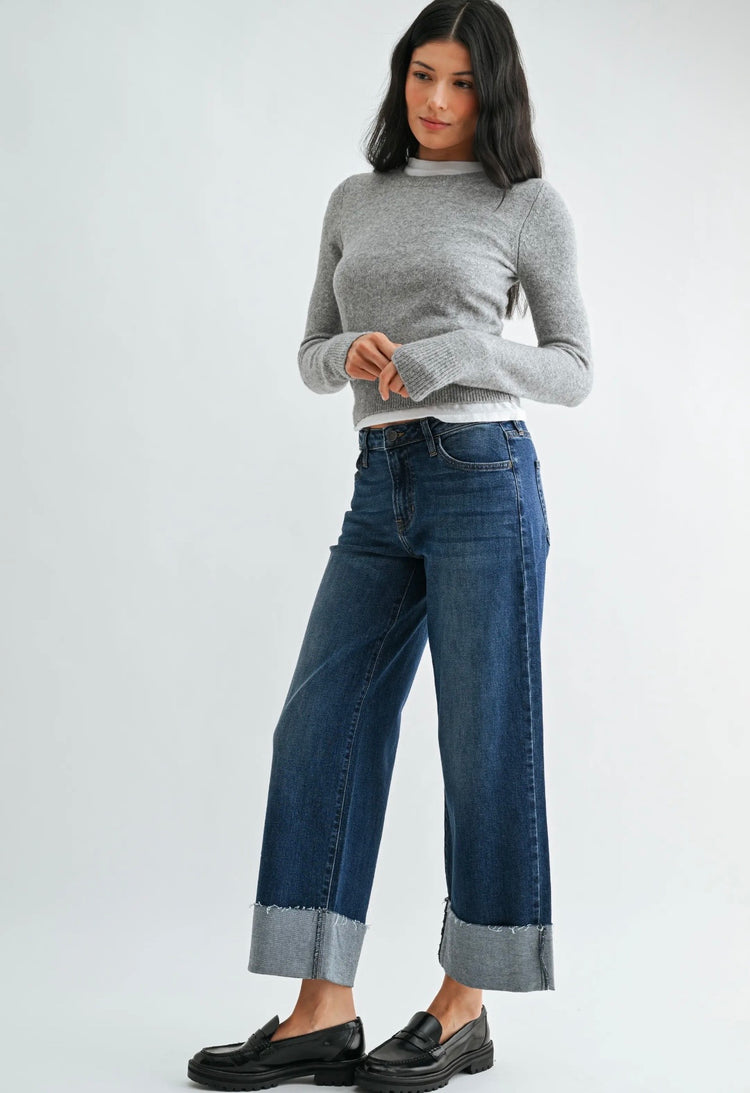 Scissor Cut Cuffed Wide Leg - Dark Denim- BP600J
