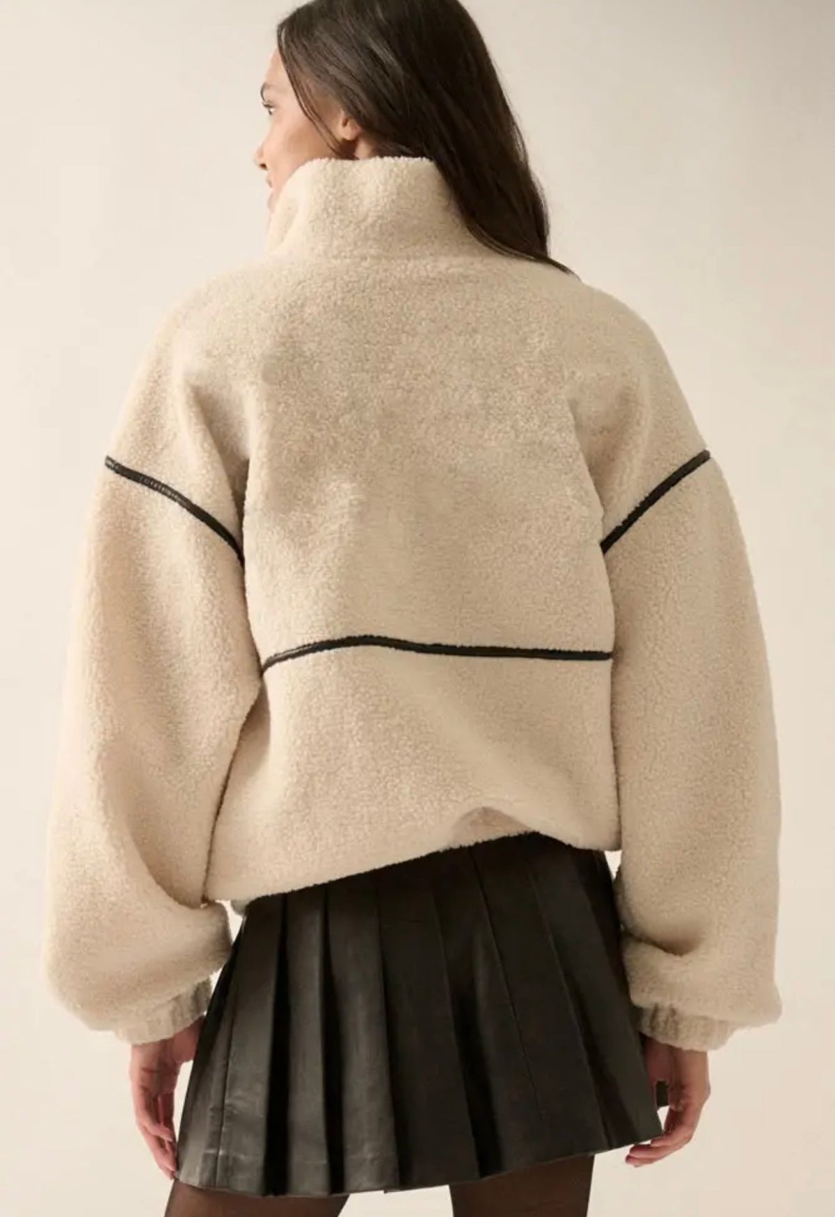 Faux Leather-Trimmed Sherpa Fleece Zip Up