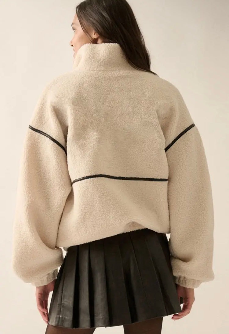 Faux Leather-Trimmed Sherpa Fleece Zip Up
