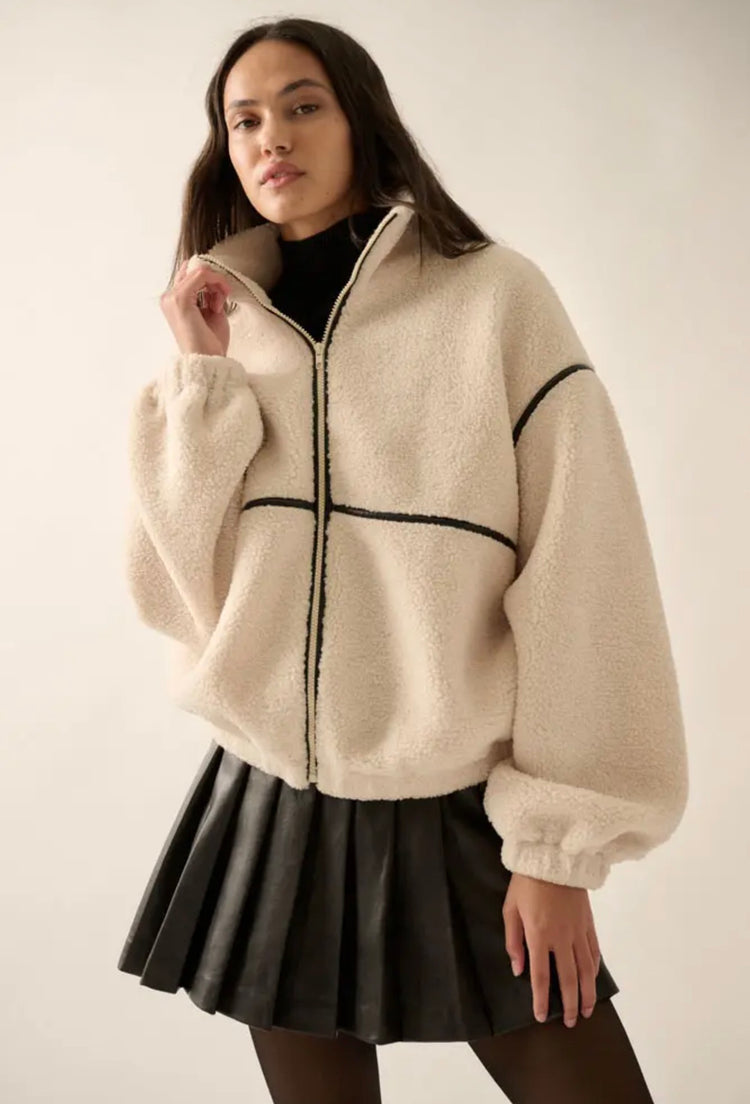 Faux Leather-Trimmed Sherpa Fleece Zip Up