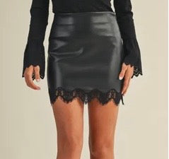 S25149- Scalloped Lace Trim Vegan Leather Skirt