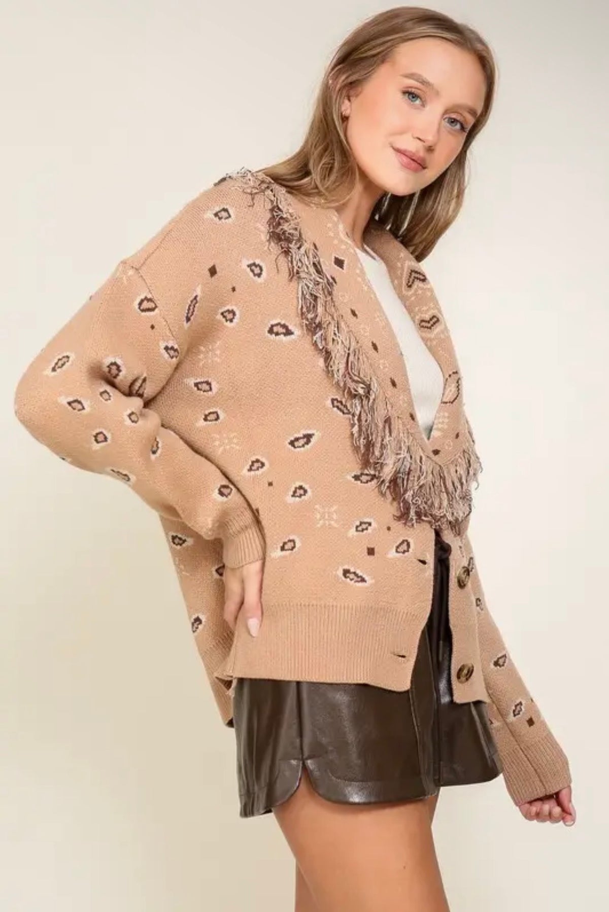 Fringe Trim Animal Print Cardigan