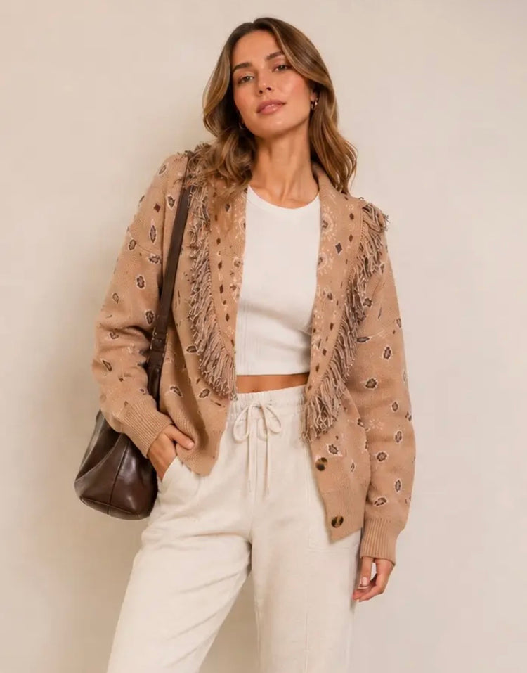 Fringe Trim Animal Print Cardigan