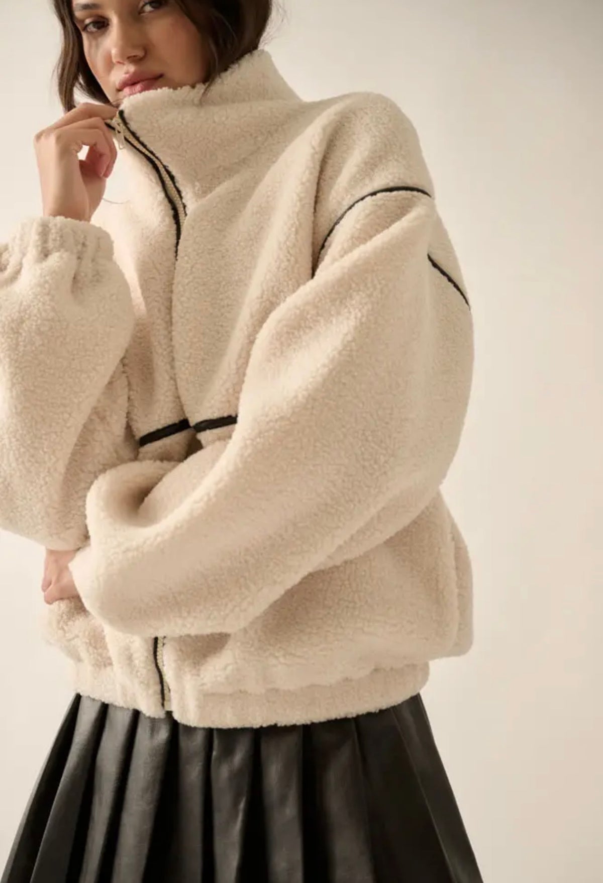 Faux Leather-Trimmed Sherpa Fleece Zip Up