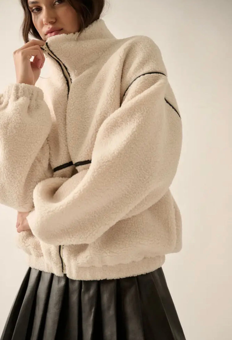 Faux Leather-Trimmed Sherpa Fleece Zip Up