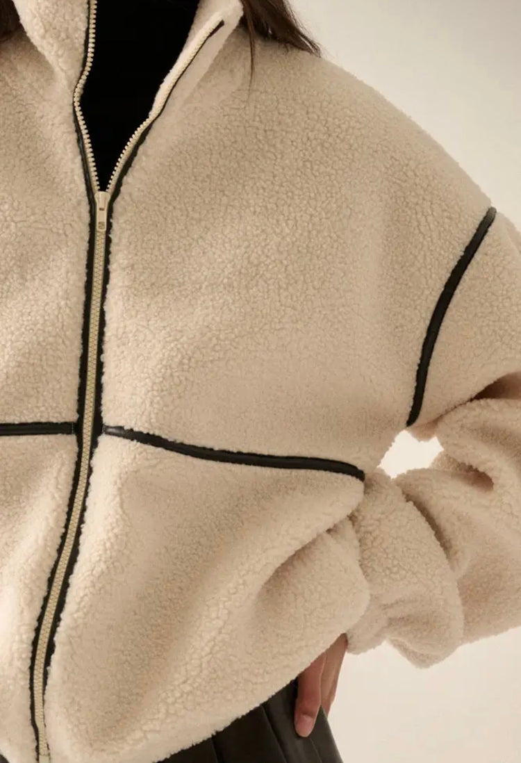 Faux Leather-Trimmed Sherpa Fleece Zip Up