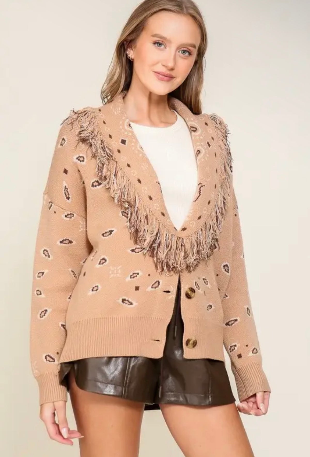Fringe Trim Animal Print Cardigan