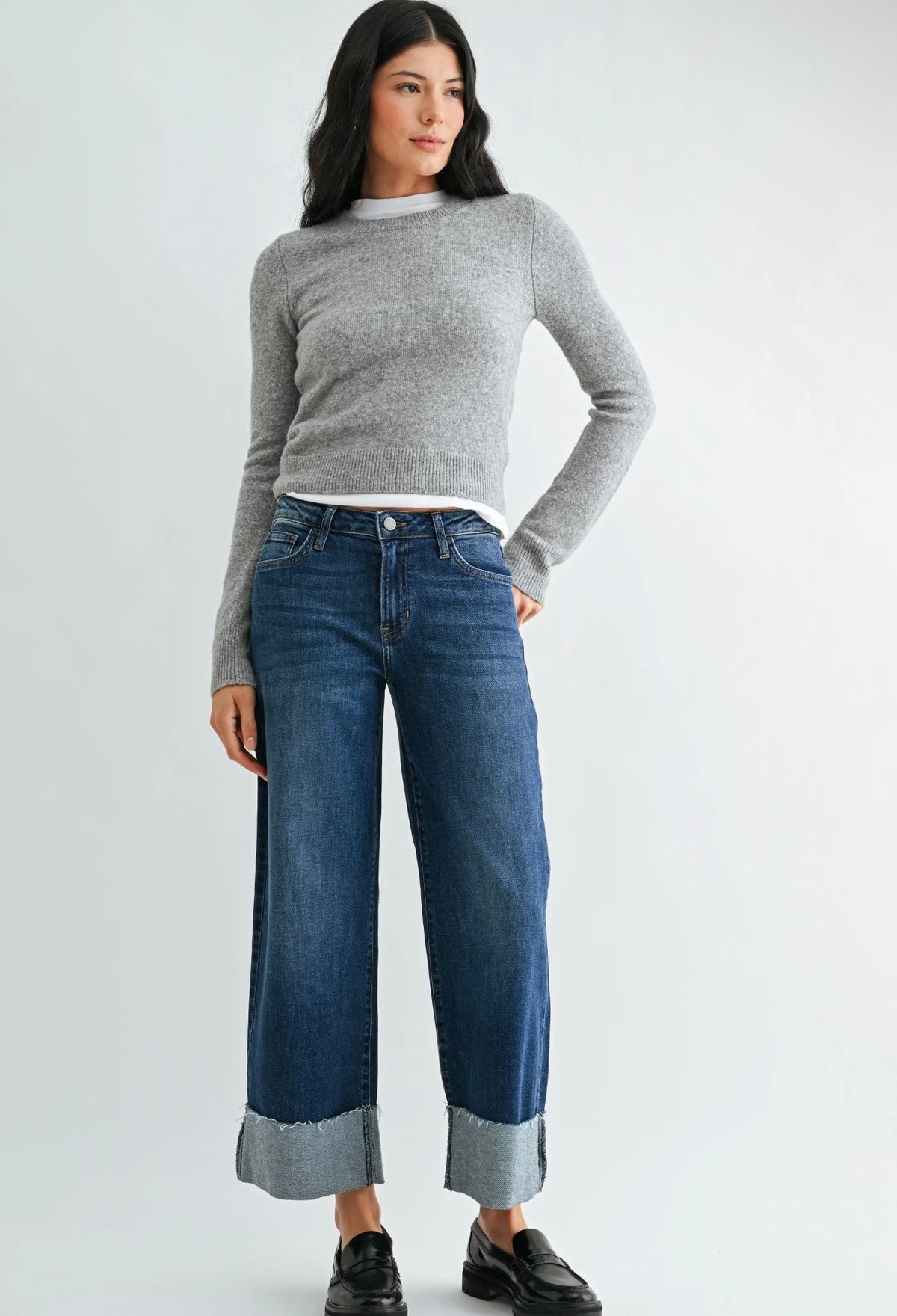 Scissor Cut Cuffed Wide Leg - Dark Denim- BP600J