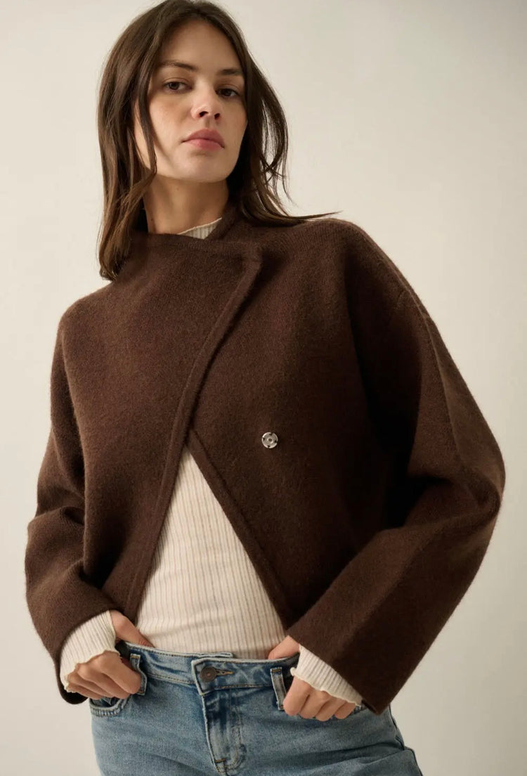 Solid Knit Snap-Front Wrap
Sweater Jacket
