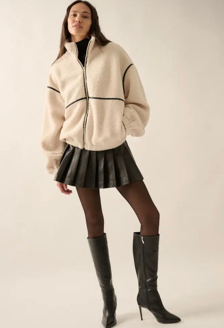 Faux Leather-Trimmed Sherpa Fleece Zip Up