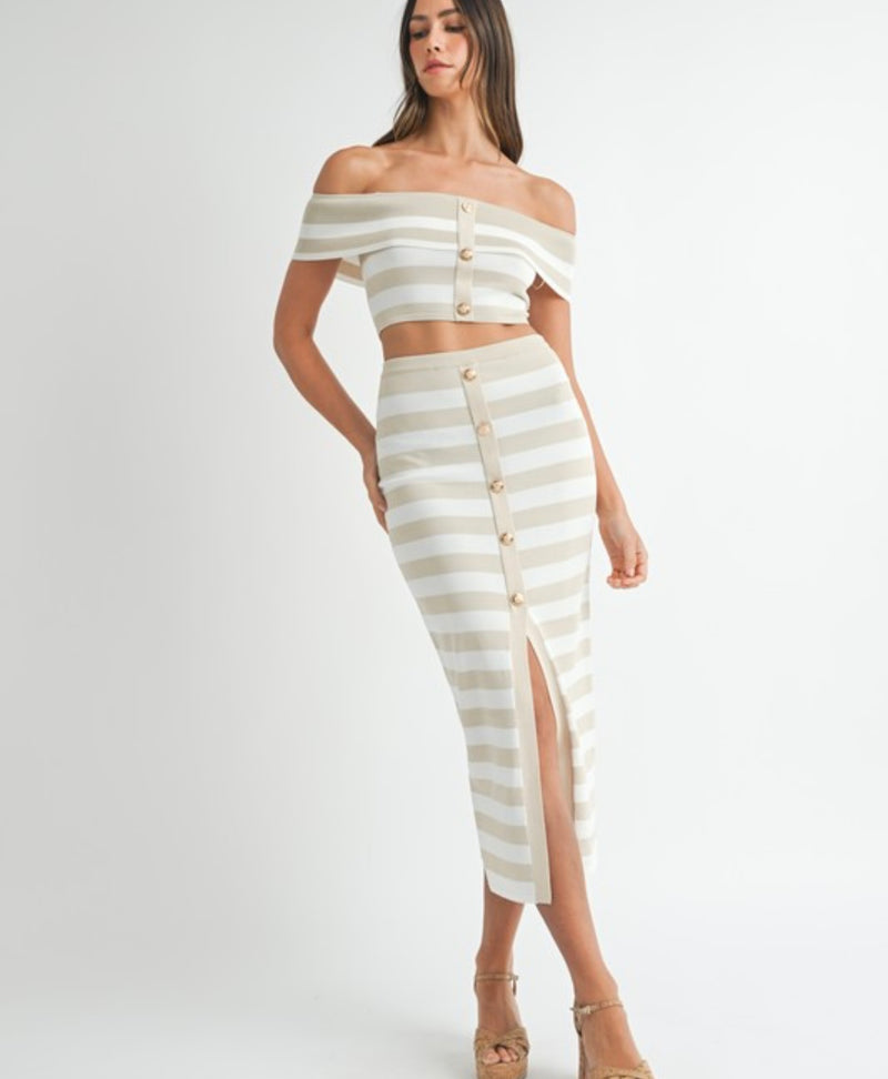 MST8161 KNIT STRIPE OFF SHOULDER CROP TOP AND SKIRT Set