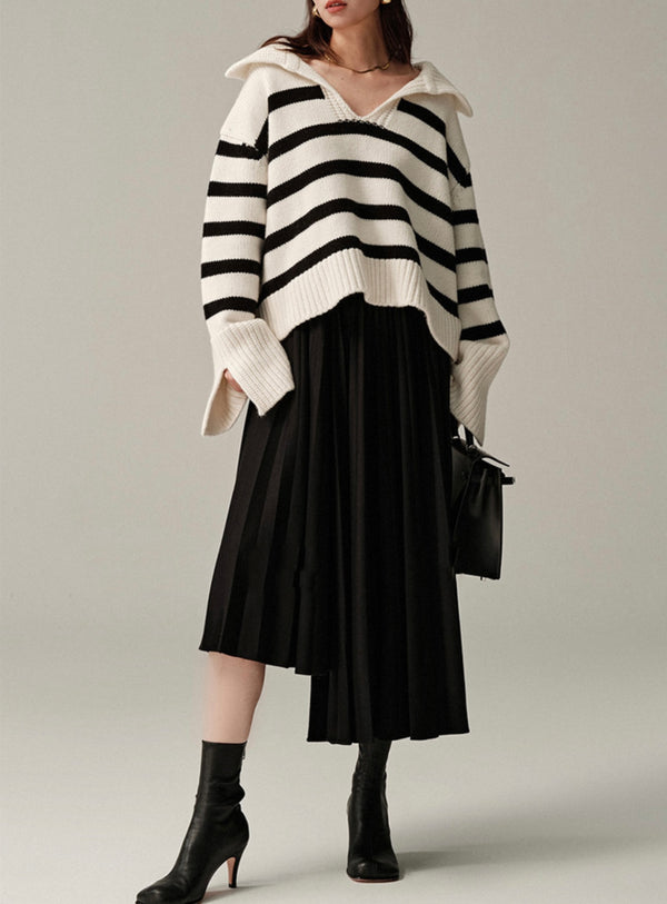 ALFWTP2425- Turn Down Collar Stripe Knitted Sweater