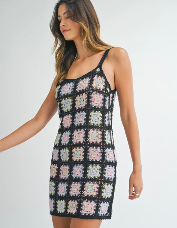 MD3522 MULTI COLOR PATTERN KNIT CROCHET MINI DRESS