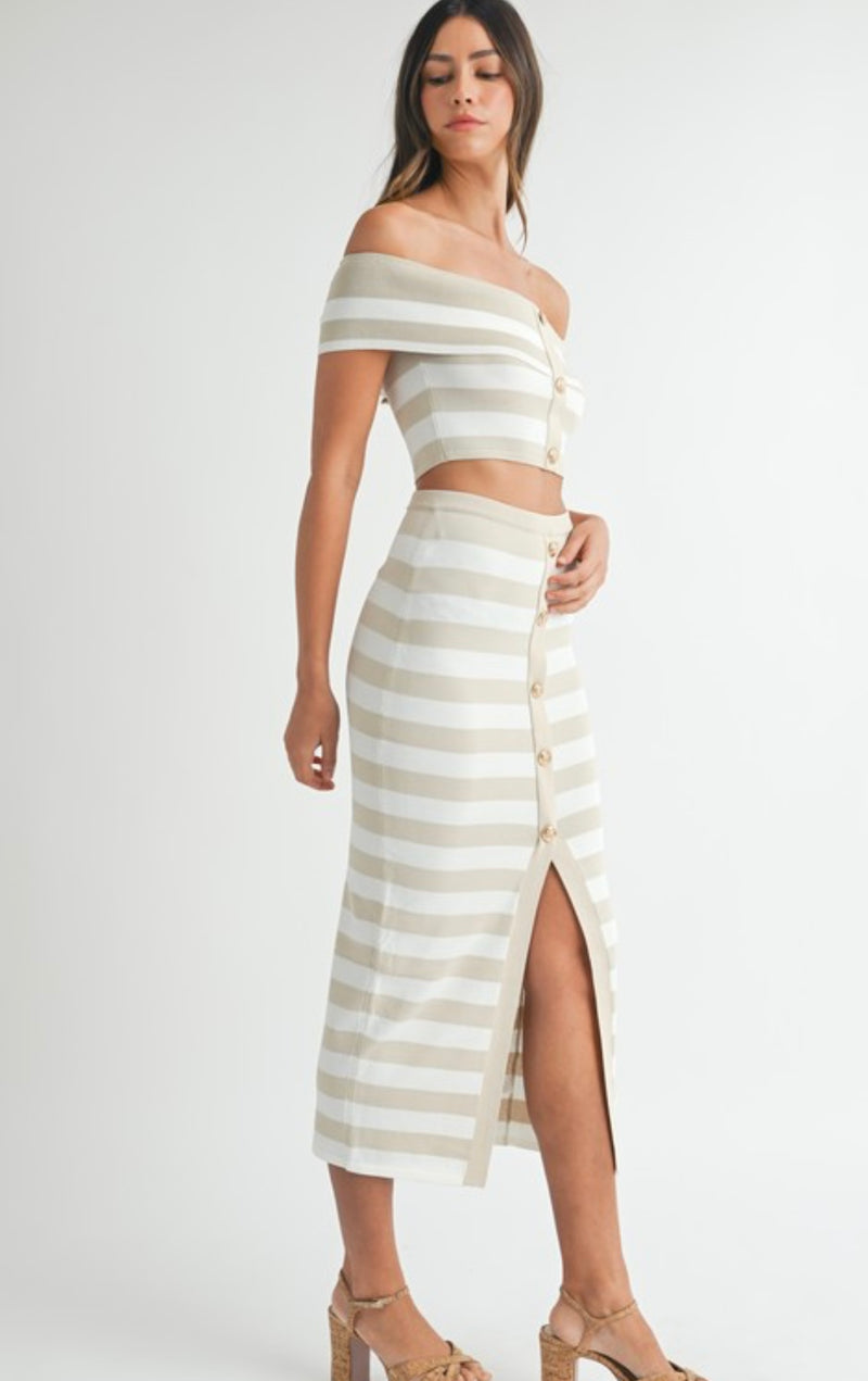 MST8161 KNIT STRIPE OFF SHOULDER CROP TOP AND SKIRT Set