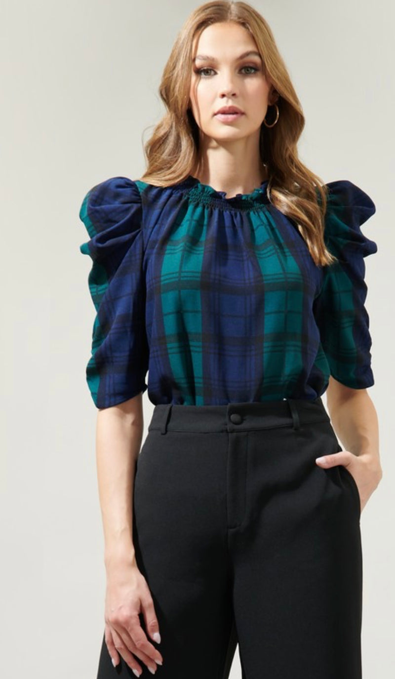 T9331PE Hudson Plaid Drape Sleeve Top