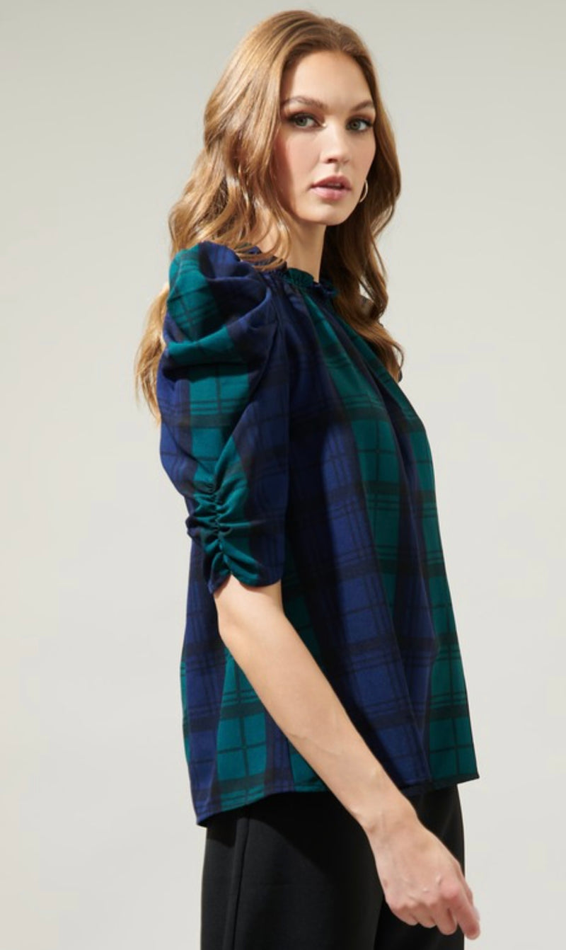 T9331PE Hudson Plaid Drape Sleeve Top