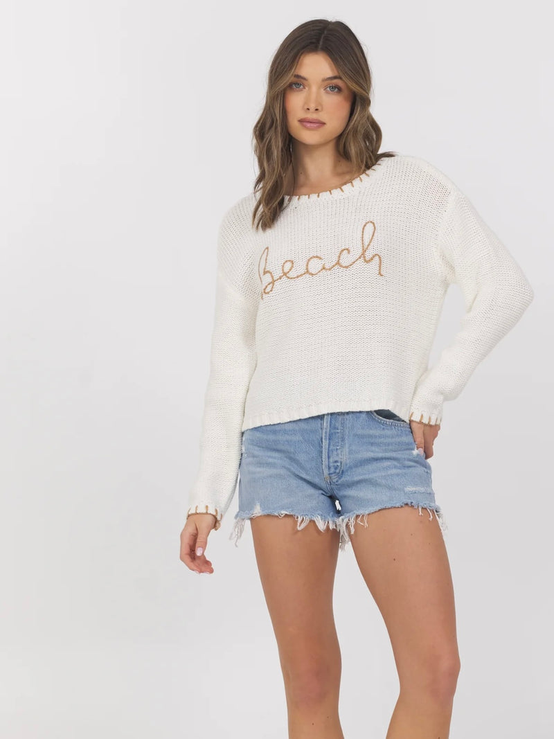 B13200-White with Tan Embroidery Long Sleeve Sweater