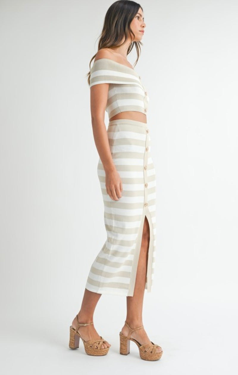 MST8161 KNIT STRIPE OFF SHOULDER CROP TOP AND SKIRT Set