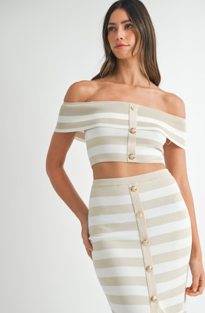 MST8161 KNIT STRIPE OFF SHOULDER CROP TOP AND SKIRT Set