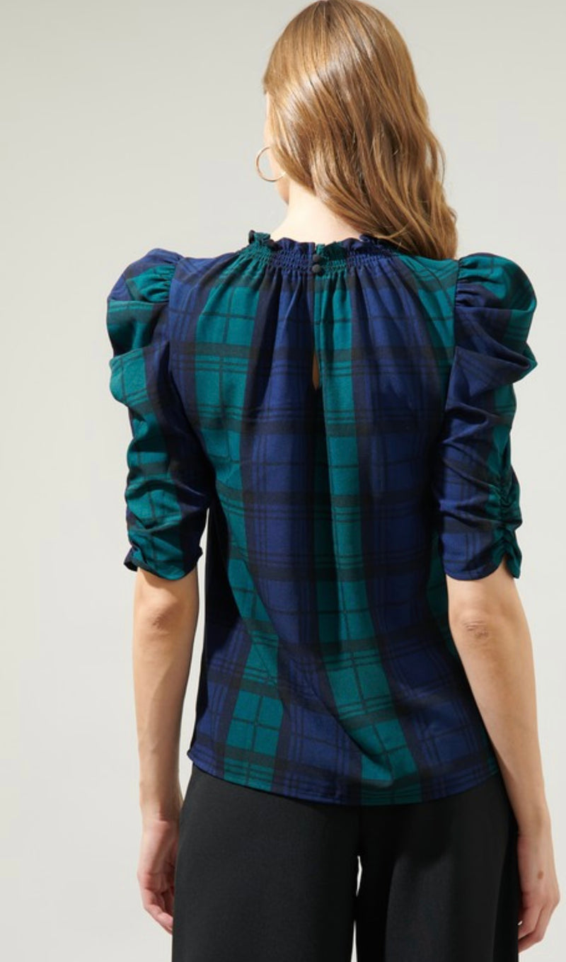 T9331PE Hudson Plaid Drape Sleeve Top