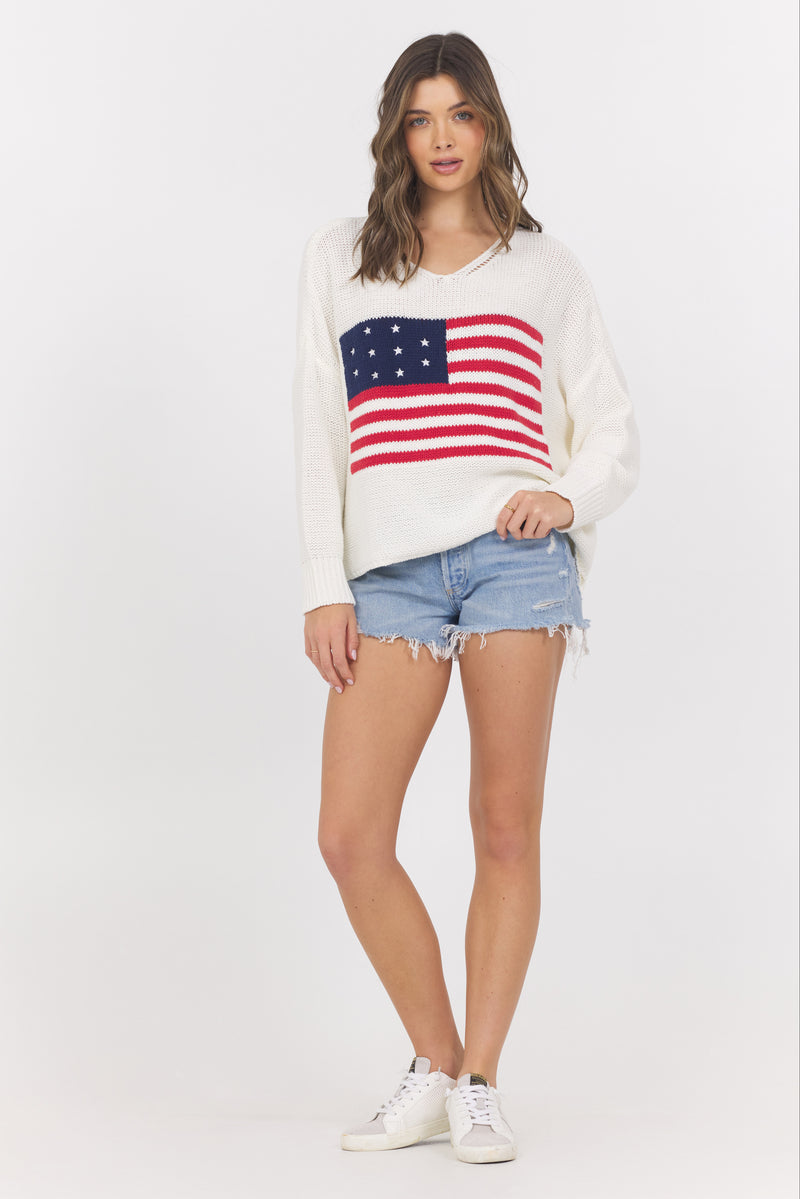 B121138-White American Flag Graphic Sweater