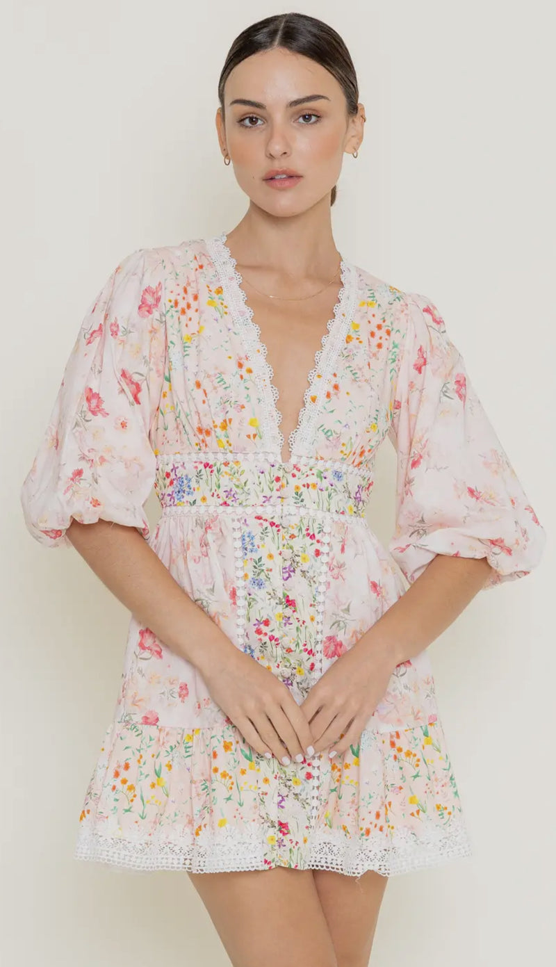 DI9717 Floral Bubble Sleeve Dress