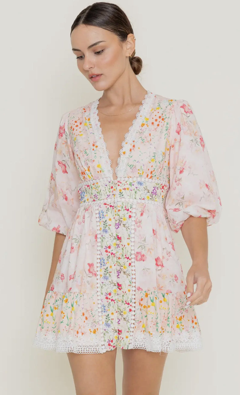 DI9717 Floral Bubble Sleeve Dress
