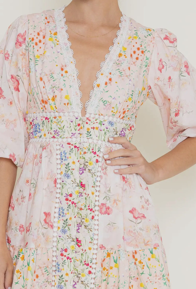 DI9717 Floral Bubble Sleeve Dress