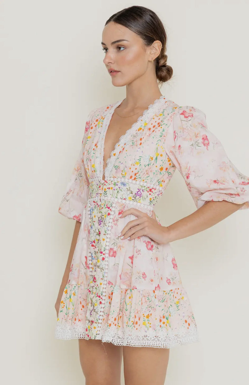 DI9717 Floral Bubble Sleeve Dress