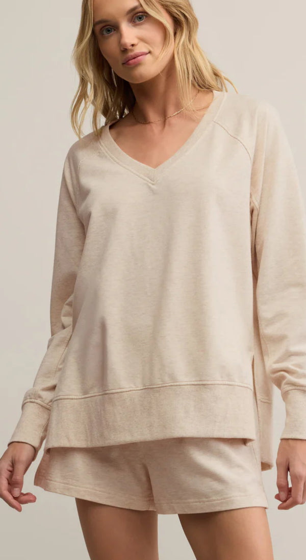 ZT253919 Weekender V Neck Top- Oatmeal Heather