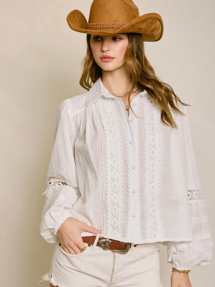 FT12882-Eyelet Bubble Sleeve Blouse