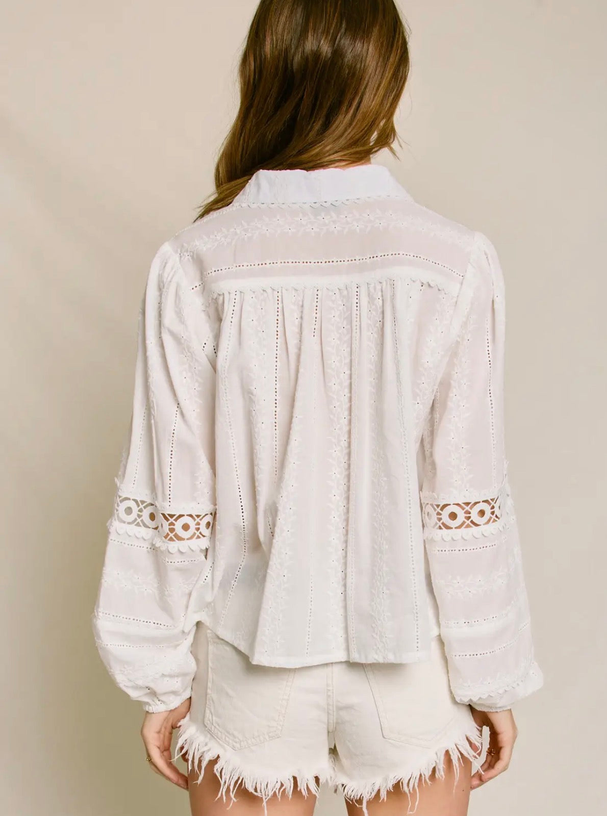 FT12882-Eyelet Bubble Sleeve Blouse