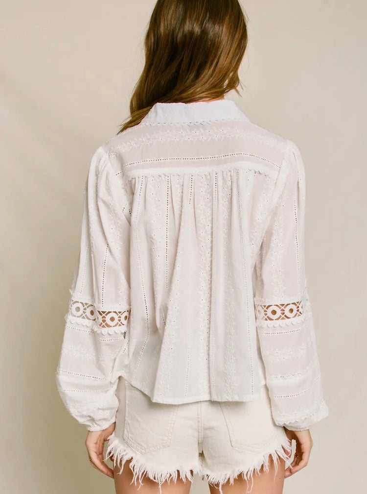 FT12882-Eyelet Bubble Sleeve Blouse