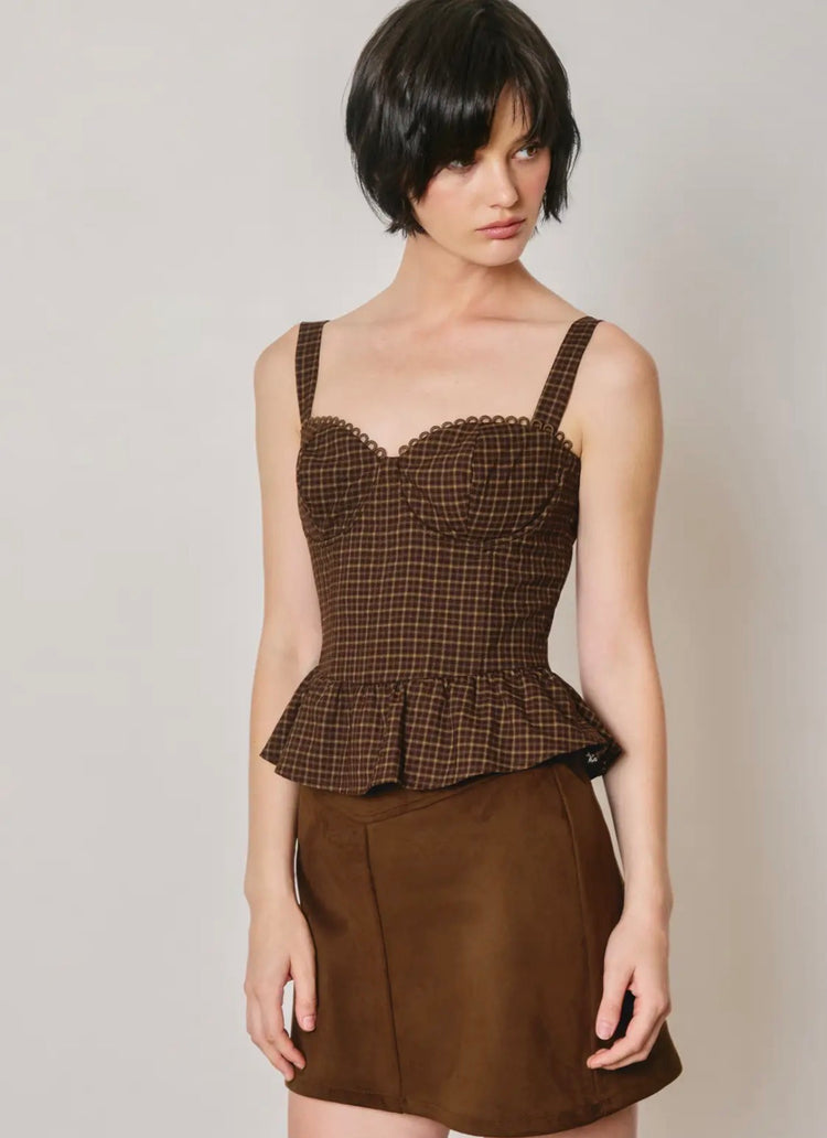 FT13459A-Structured Plaid Peplum Top