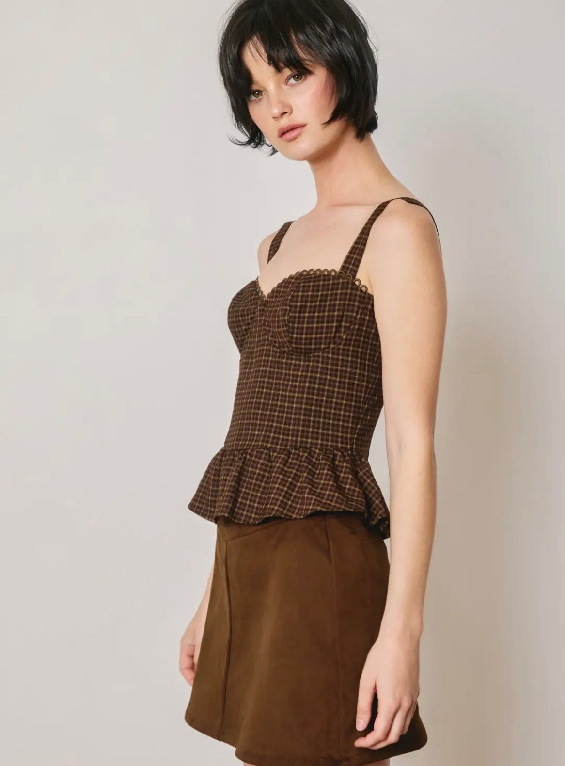 FT13459A-Structured Plaid Peplum Top