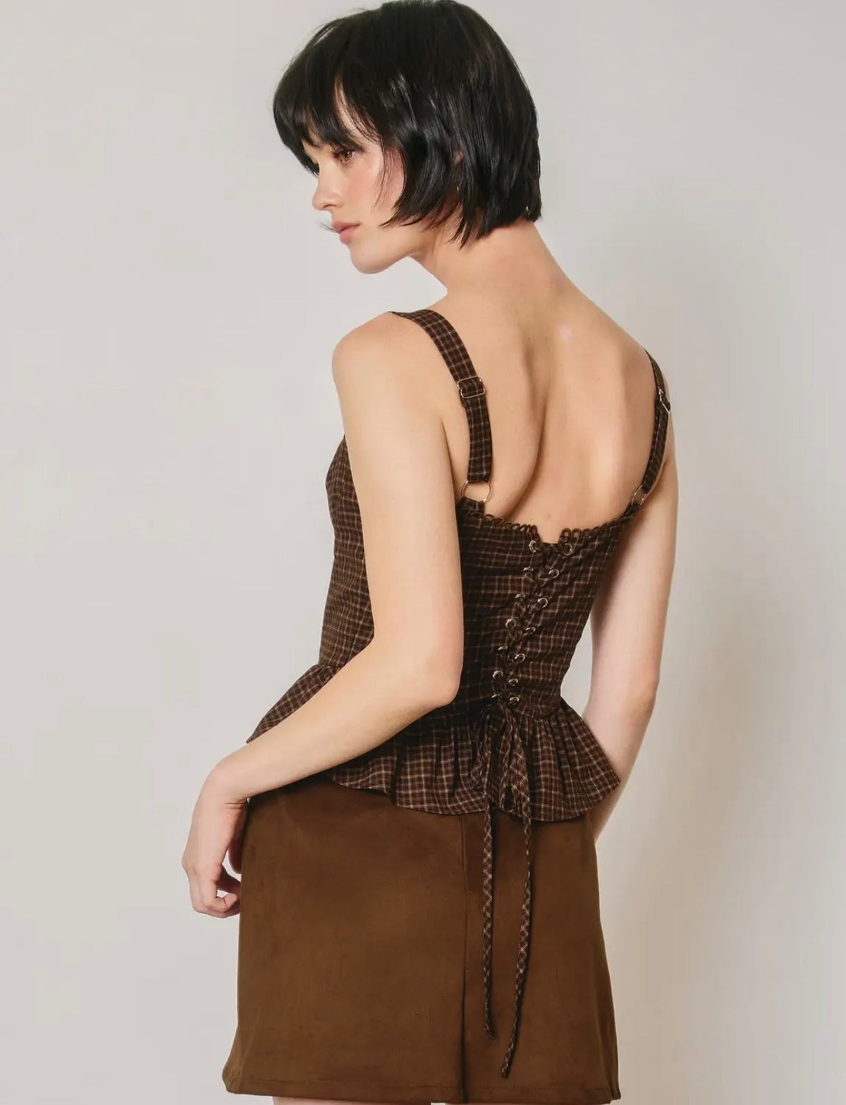 FT13459A-Structured Plaid Peplum Top