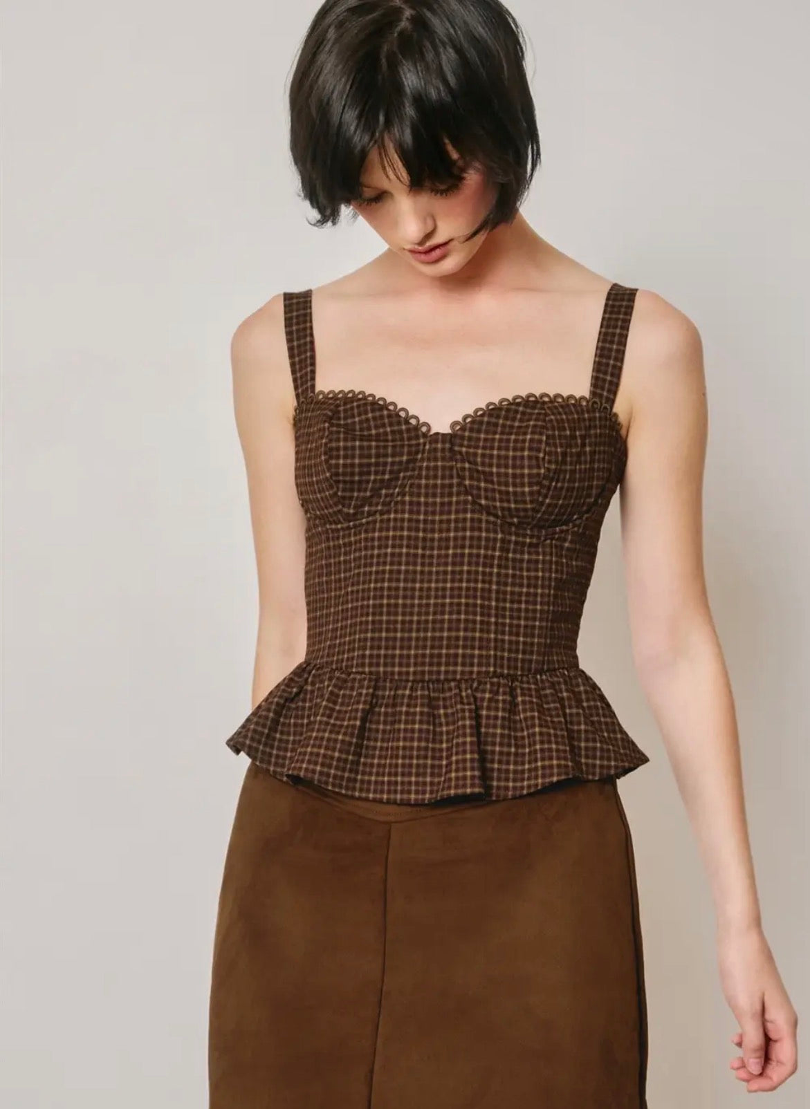FT13459A-Structured Plaid Peplum Top