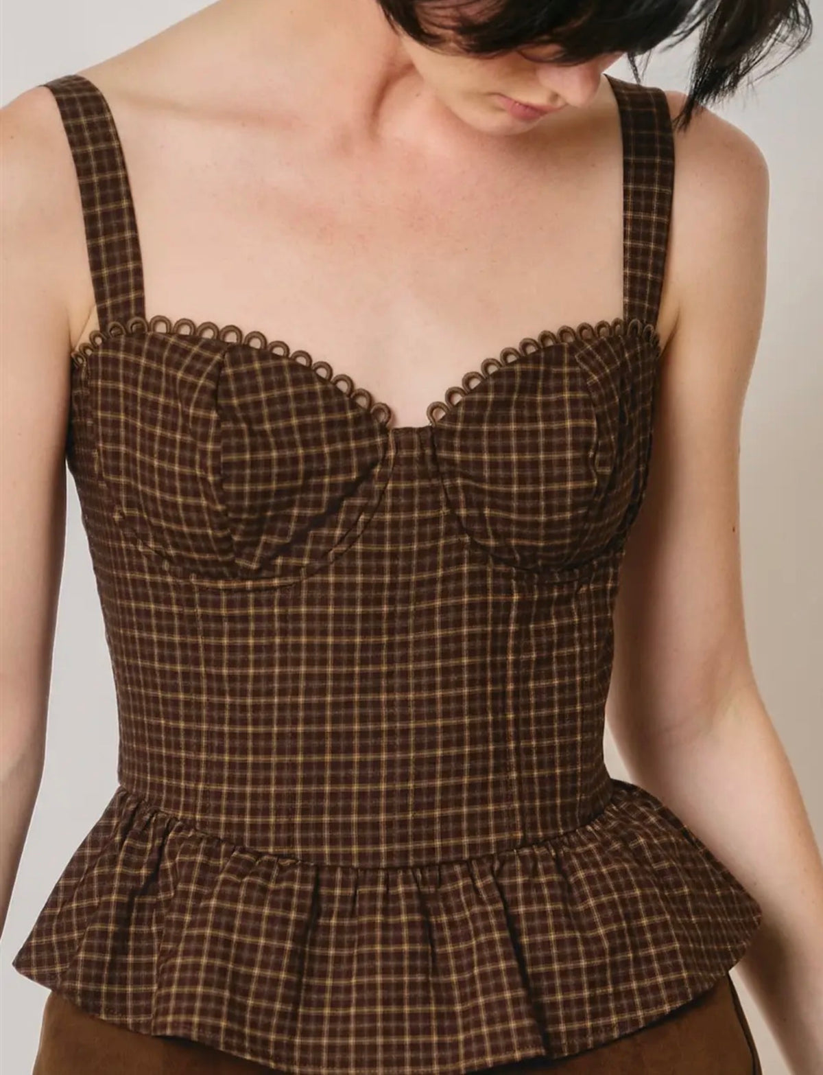 FT13459A-Structured Plaid Peplum Top