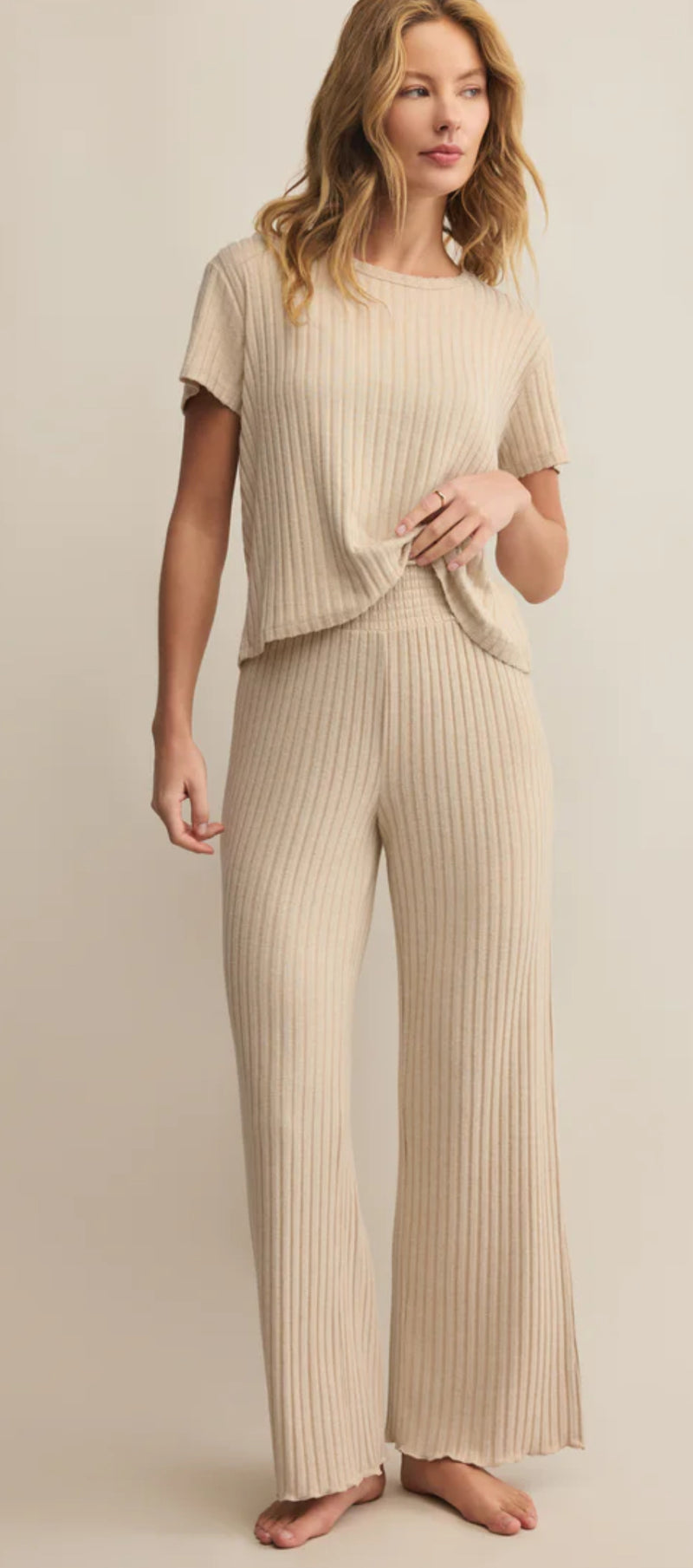 ZLP253824 Dawn Smocked Rib Pant - Heather Oatmeal