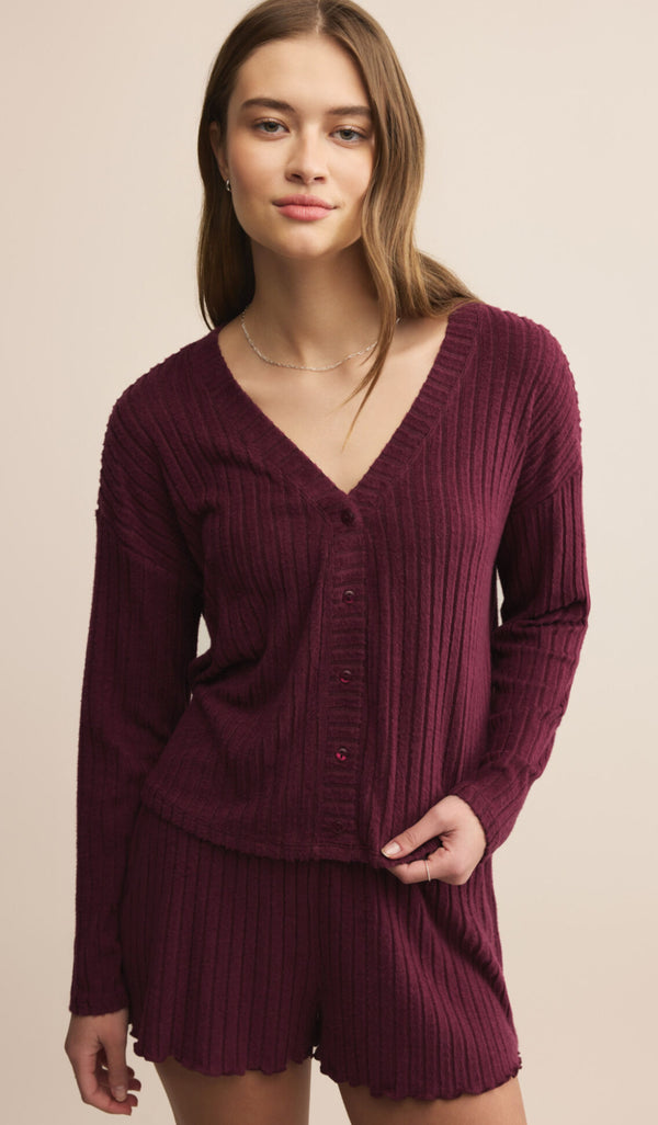 ZLT254919 Mara Rib Cardigan Merlot