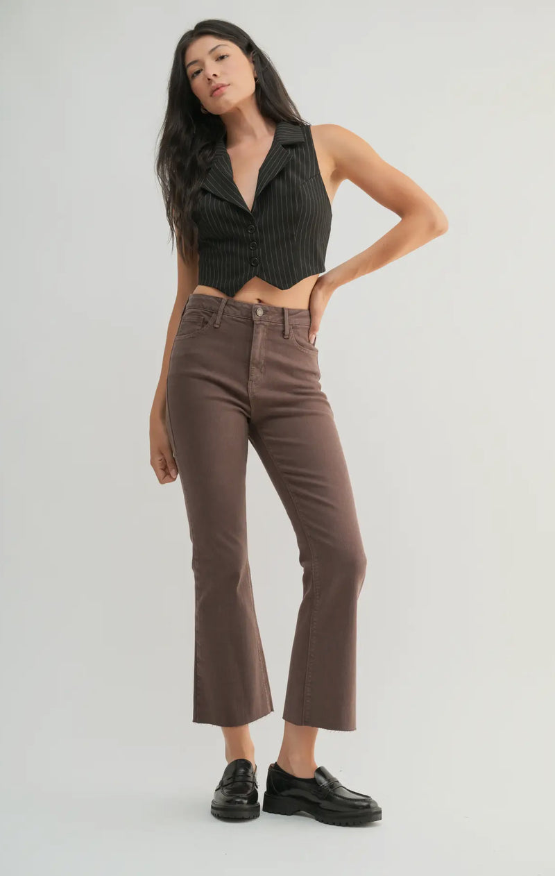 BP370J-A-Vintbrwn High Rise Brown Crop Flare Jean