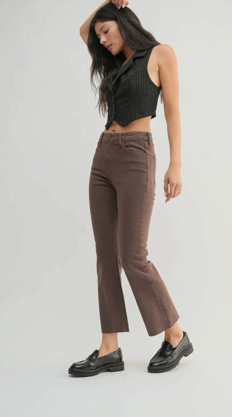 BP370J-A-Vintbrwn High Rise Brown Crop Flare Jean