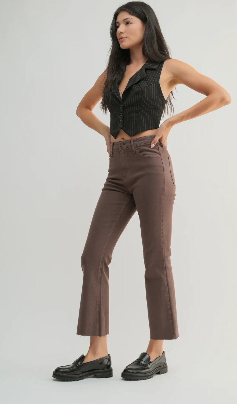 BP370J-A-Vintbrwn High Rise Brown Crop Flare Jean