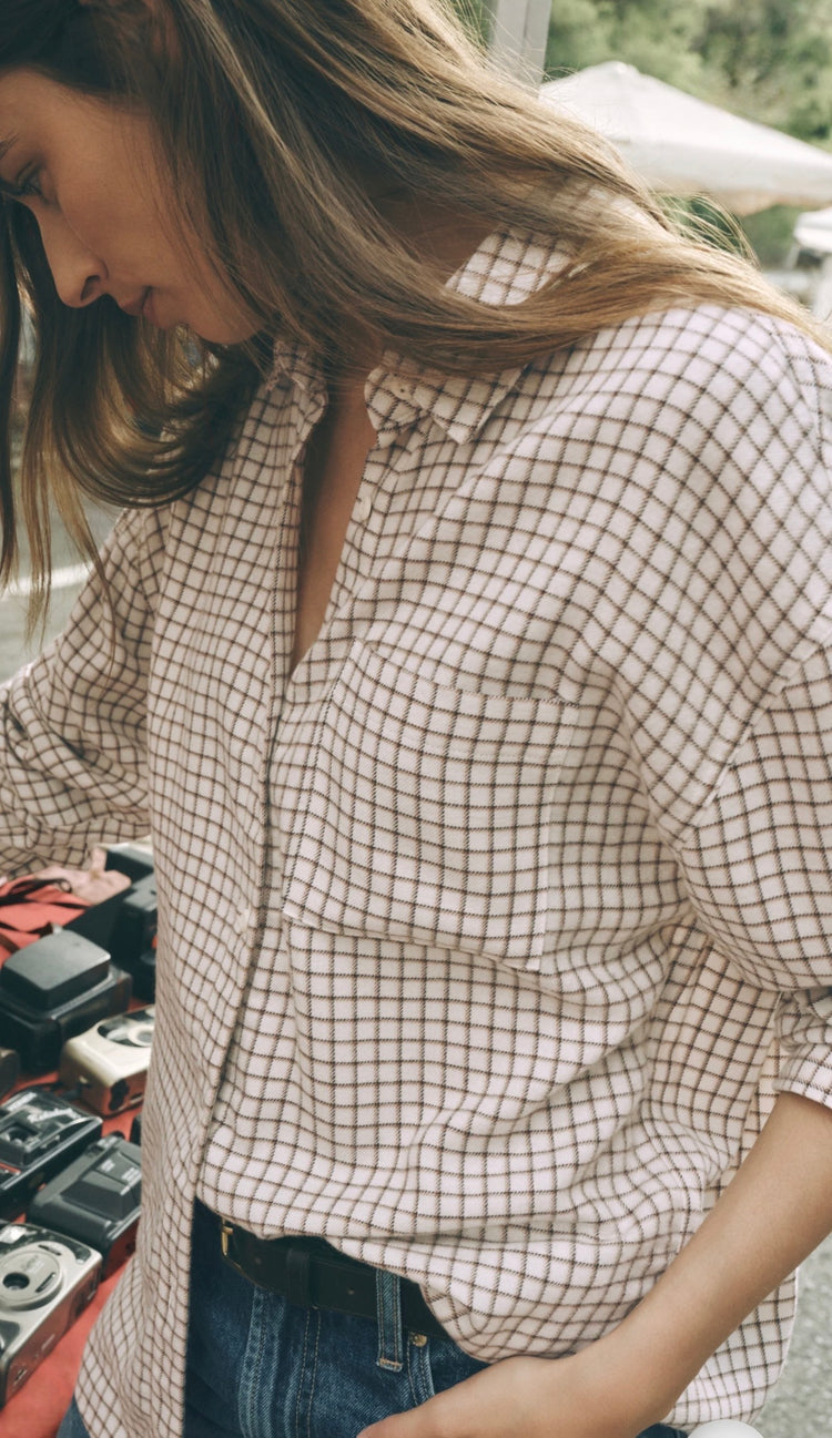 Zt253834 River Plaid Button Up Top- Frosted Pearl