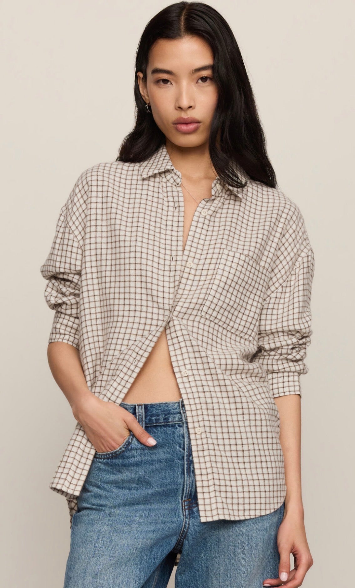 Zt253834 River Plaid Button Up Top- Frosted Pearl